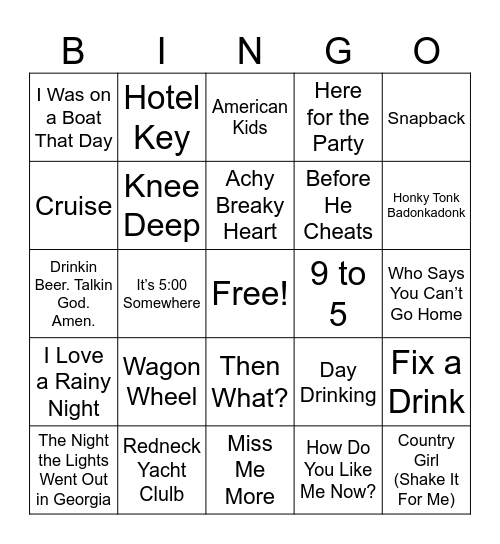 Country Music Bingo Card