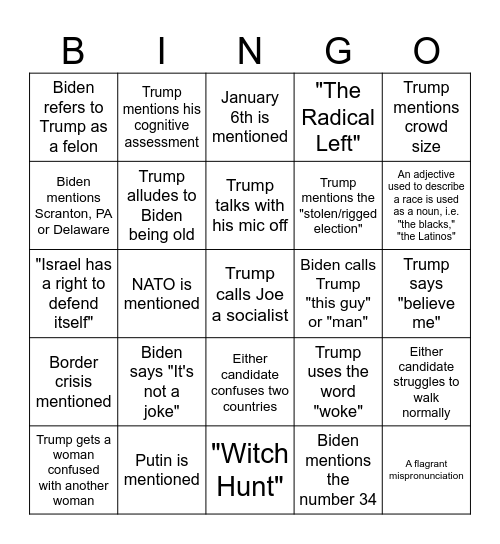 Senile Showdown: Presidential Debate 2024 Bingo Card