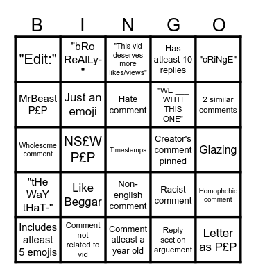 YT Shorts Comment Section Bingo Card