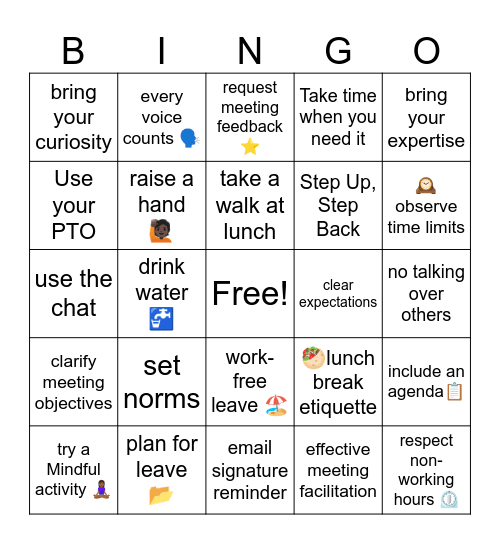 Workplace Wellness Bingo Card