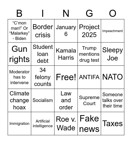 2024 Presidential Debate Bingo Card
