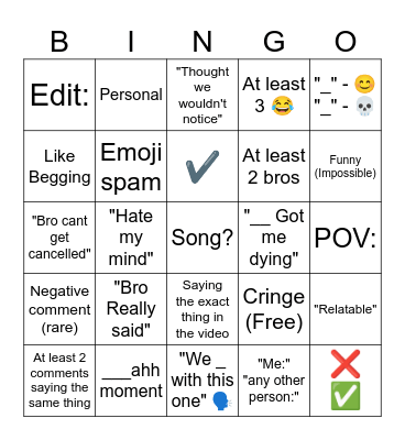 Youtube comments Bingo Card