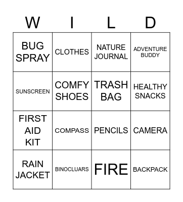 Wilderness Skills Scavenger Hunt Bingo Card