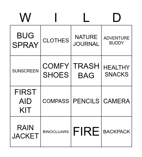 Wilderness Skills Scavenger Hunt Bingo Card