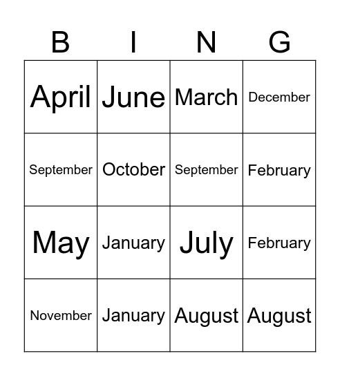 Months Bingo Card