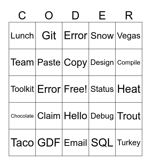 Skyhawk Coder Bingo Card