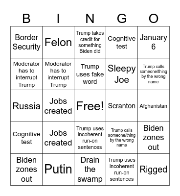 Presidential Debate Bingo Card