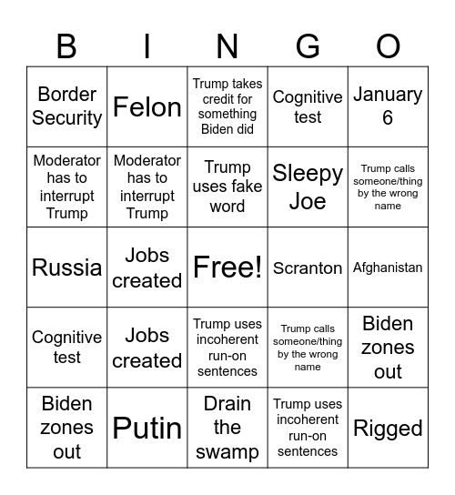 Presidential Debate Bingo Card