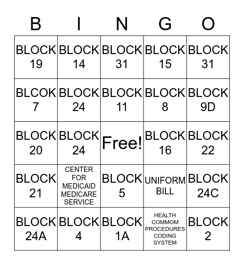 CMS-1500 CLAIM Bingo Card