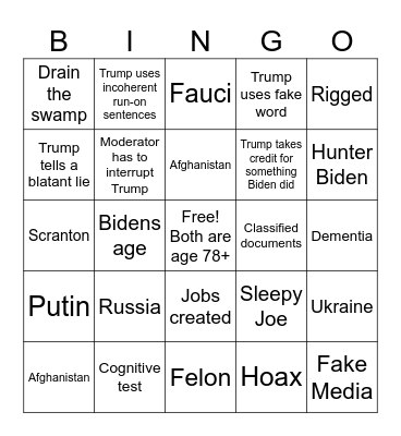 Presidential Debate Bingo Card