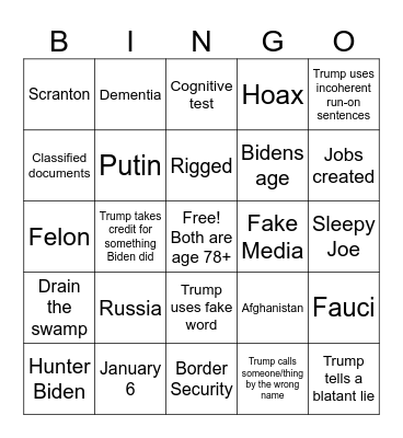 Presidential Debate Bingo Card