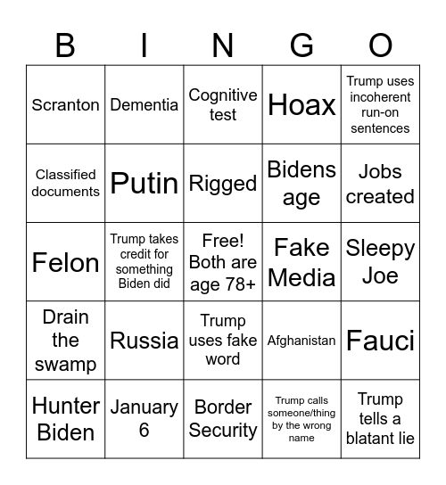 Presidential Debate Bingo Card