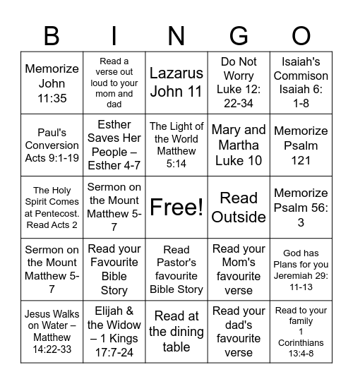 Sunday School Bible Bingo Card