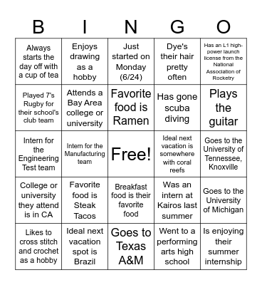 Meet the Interns Bingo - KPHQ Bingo Card