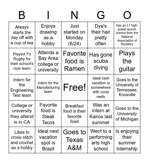 Meet the Interns Bingo - KPHQ Bingo Card