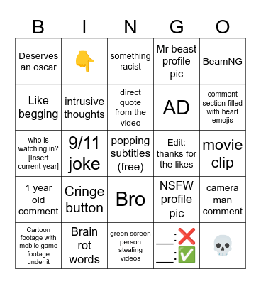 yt shorts bingo Card