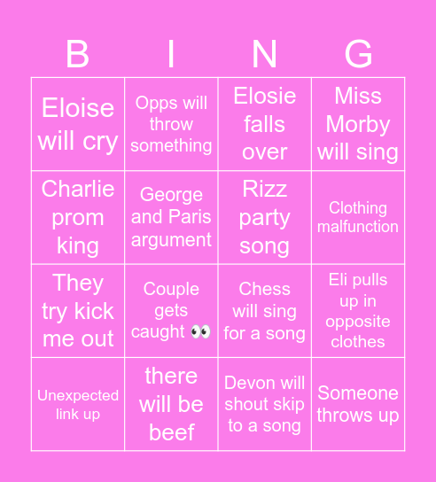Prom Bingo Card