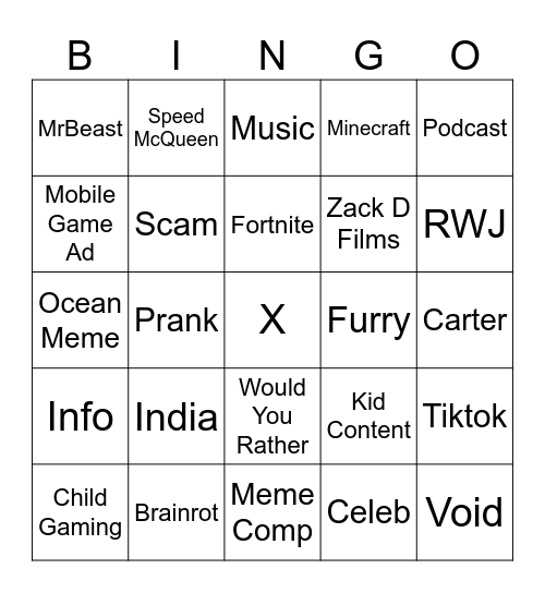 Yt Shorts Video Bingo Card