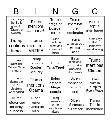 2024 Presidential Debate Bingo Card