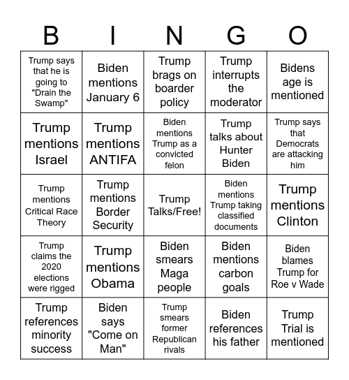 2024 Presidential Debate Bingo Card