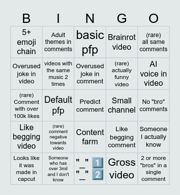 Brainrot Bingo (Youtube shorts) Bingo Card