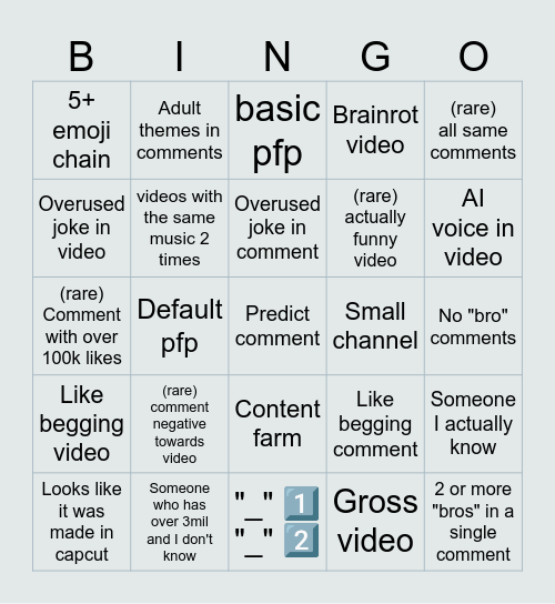 Brainrot Bingo (Youtube shorts) Bingo Card