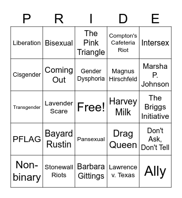 PRIDE Bingo Card