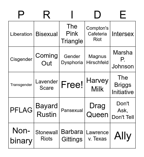 PRIDE Bingo Card