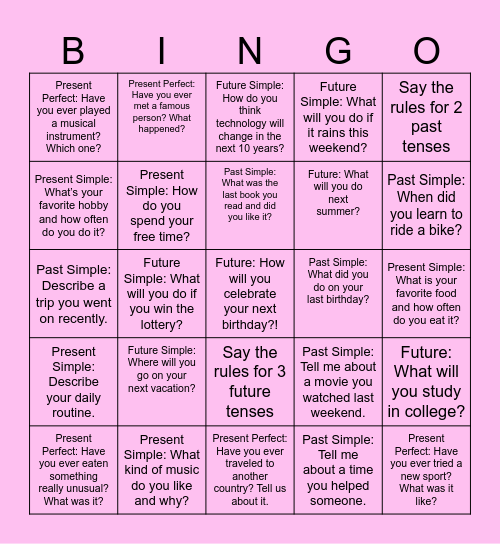 Verb tenses Bingo Card