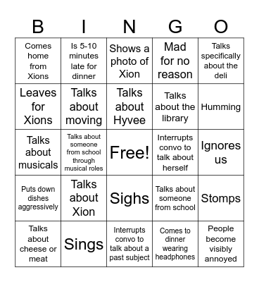 Dinner Time Bingo Card