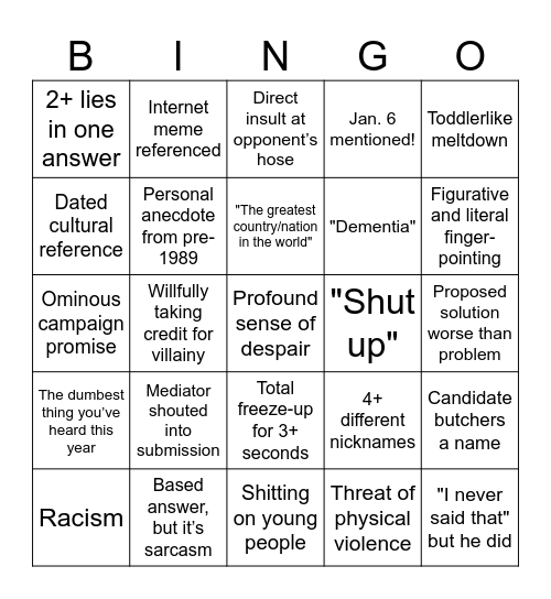 2024 Presidential Debate Bingo Card
