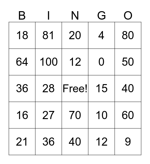 Multiplication Bingo Card