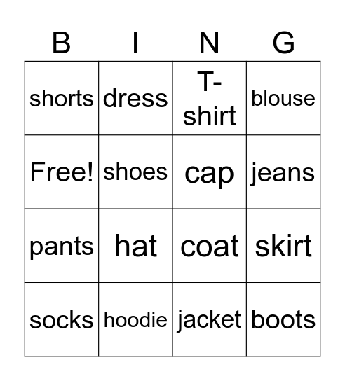 clothing Bingo Card