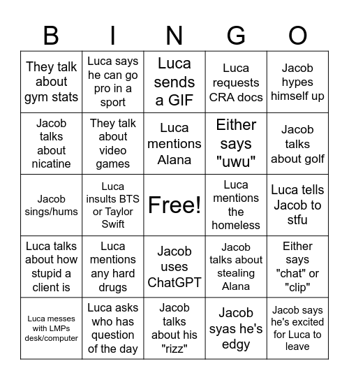 Jacob and Luca Bingo Card