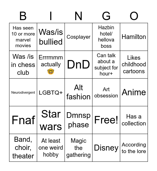 Nerd/Geek Bing Bingo Card
