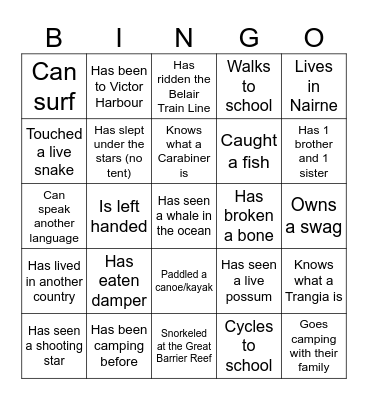 Year 10 Outdoor Education - People Bingo Card