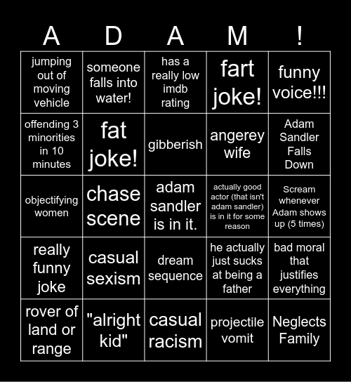 Adam Sandler Bingo Card