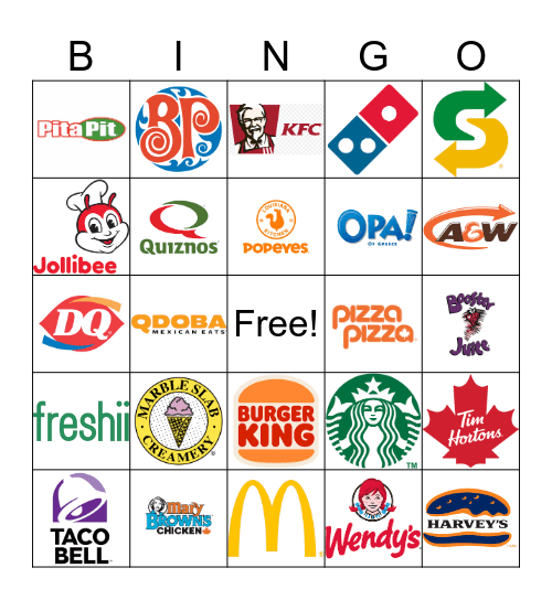 Canada Fast Food Restaurants Bingo Card