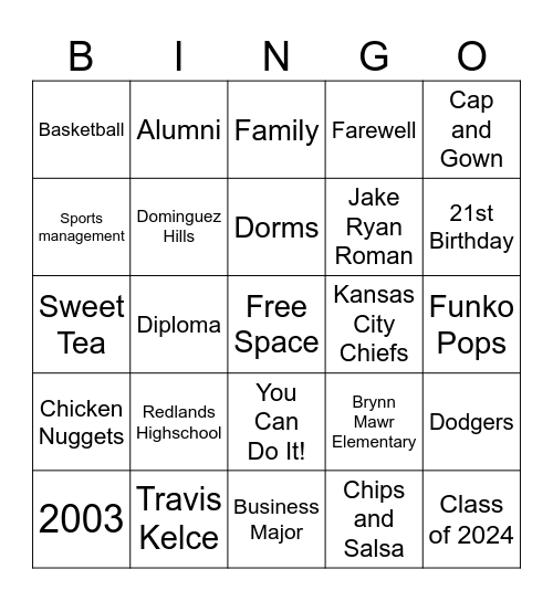 Jake's Graduation Bingo Card