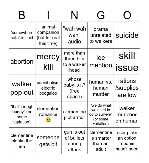 The Walking Dead Game - Season 2 Bingo Card