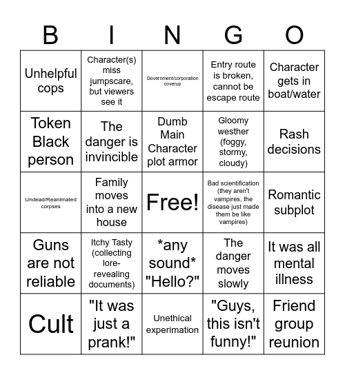 Horror Media Tropes Bingo Card