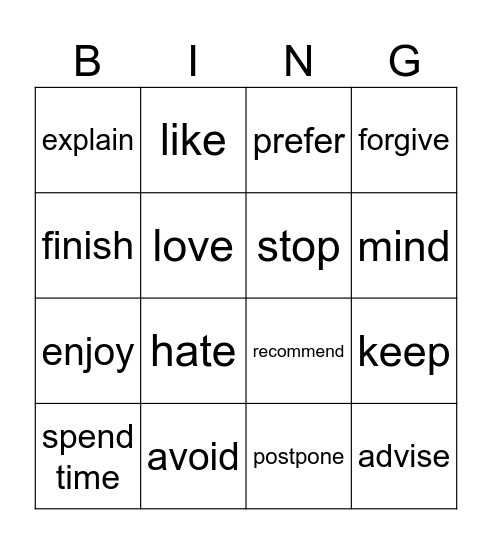 Gerunds and Infinitives Bingo Card