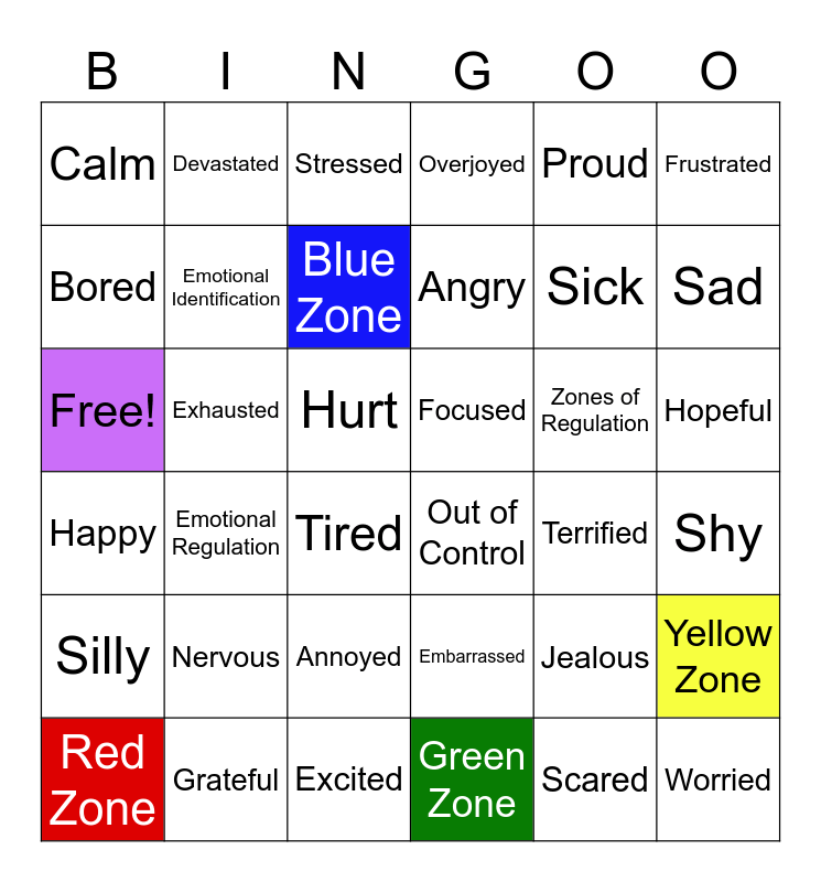 Zones of Regulation Bingo Card