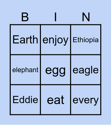 Eddie the Elephant Bingo Card