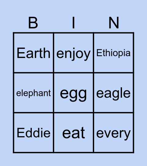 Eddie the Elephant Bingo Card