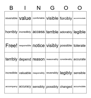 Spellings Bingo Card