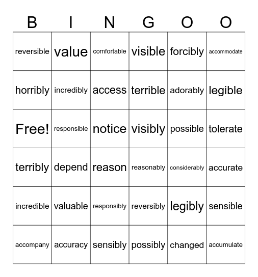 Spellings Bingo Card