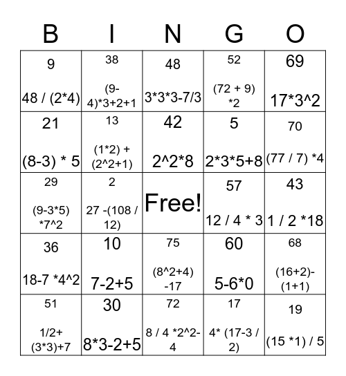 Order of Operations Bingo Card