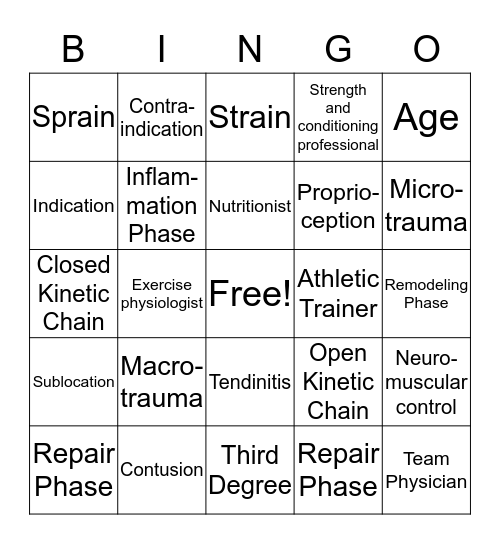 Rehab and Reconditioning Bingo Card