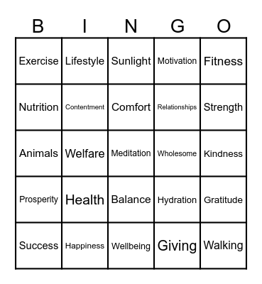 Wellbeing Bingo Card